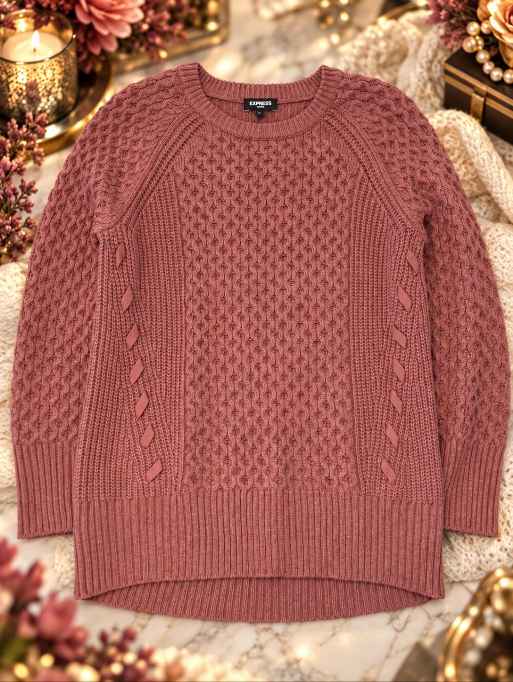 Express London Cable Knit Sweater Medium Mauve Pink Ribbon Detail Tunic